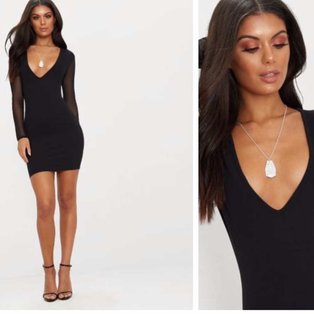 PLT mesh sleeve plunge body on dress. US size 2.